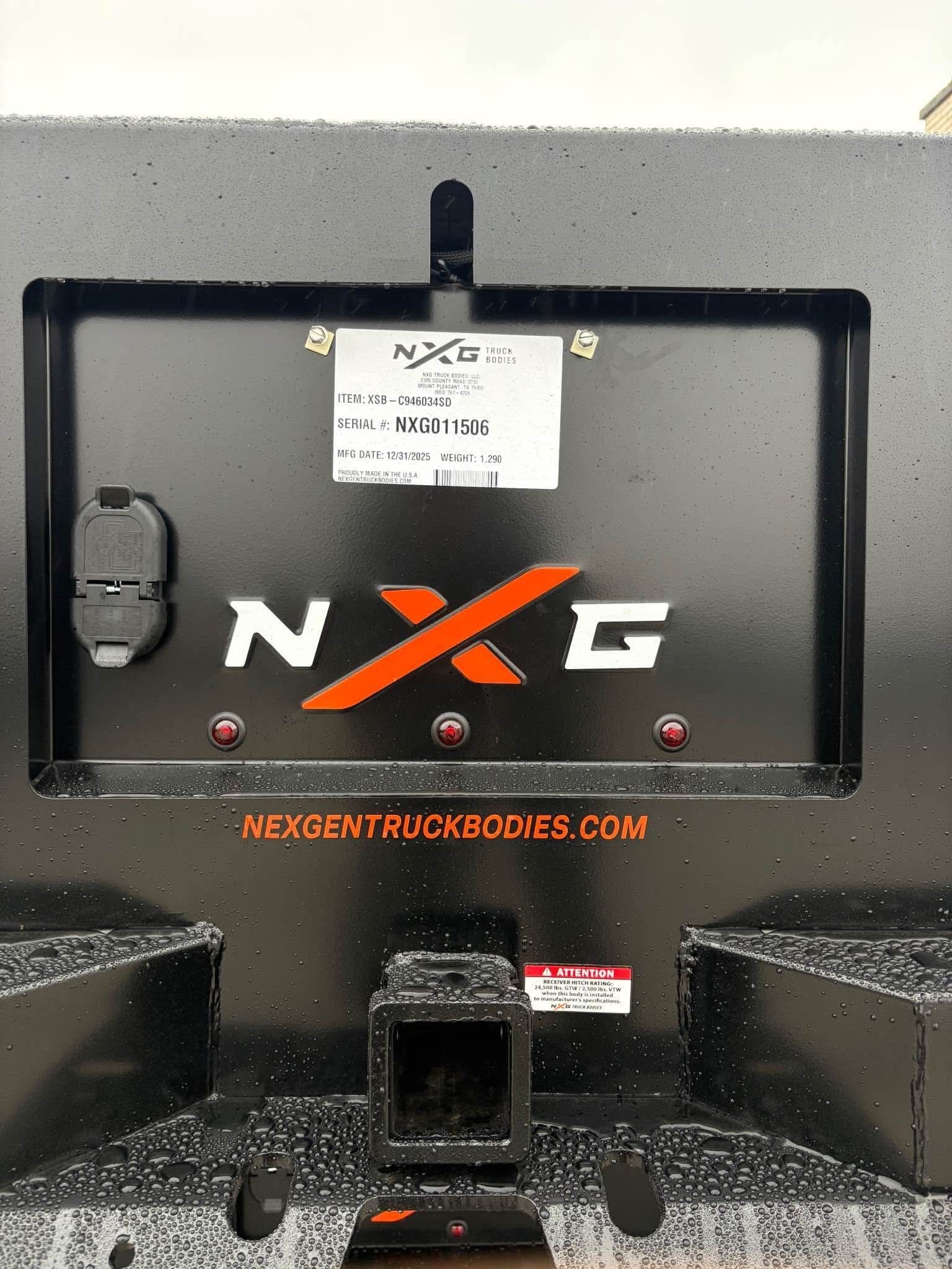 NXG data plate showing serial NXG011506, build date 12/31/2025, and weight 1,290 lbs